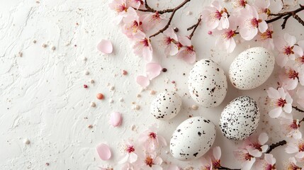 White speckled easter eggs surrounded by pink cherry blossom flowers on a white textured background.