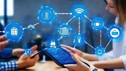 Aufkleber - People Using Tablets with Digital Icons Representing Modern Business and Technology