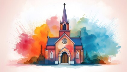 A serene watercolor painting of a church set against a colorful abstract background, capturing a tranquil and spiritual atmosphere