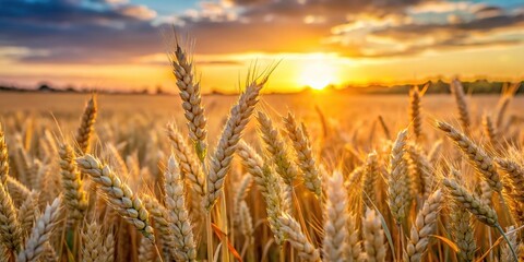 Sunny close-up view of rye or wheat field at sunset or sunrise in summer