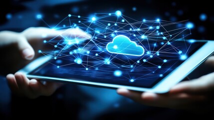Poster - Hand Holding Tablet with Cloud Symbol and Network Visualization