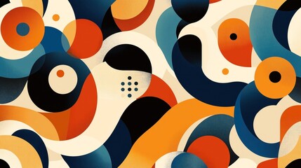 Wall Mural - Abstract geometric pattern with overlapping circular shapes in orange, blue, black, and cream tones. Modern artistic design with dynamic curves and contrasting colors.