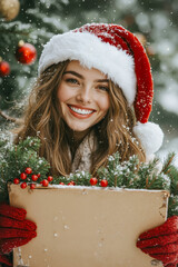 Canvas Print - A woman in a santa hat holding a cardboard box in front of a Christmas tree