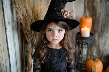 Sticker - A little girl wearing a black witch hat standing in front of pumpkins