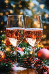 Two glasses of champagne sitting on top of a wooden table