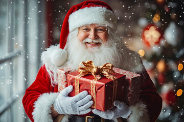 Poster - A man dressed as Santa Claus holding a present in his hands