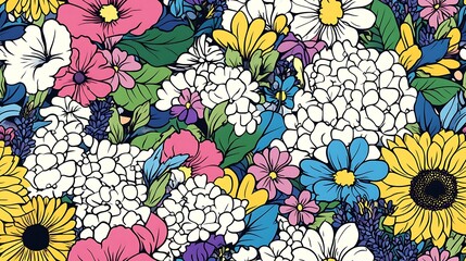 A seamless pattern of a lively botanical garden, including hydrangeas, lavender, sunflowers, and clusters of leaves. Gentle curves and vibrant colors evoke the freshness of a blooming garden,