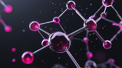 Close-up view of a molecular structure in vibrant pink hues, showcasing the intricate design and connections between atoms against a dark background.