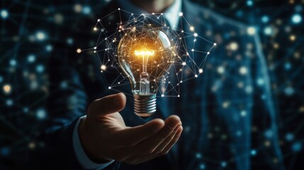 Aufkleber - A person in a suit holds a glowing light bulb, symbolizing innovation and ideas, surrounded by a digital network of shimmering particles.