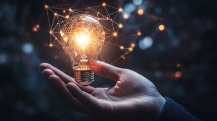 Poster - A glowing light bulb is held in a hand, surrounded by a soft-focus background, symbolizing ideas, innovation, and creativity.