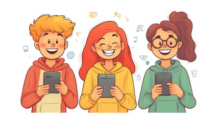 Wall Mural - Smiling Friends Using Smartphones