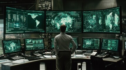 Aufkleber - Man Standing in Front of Multiple Computer Screens with Green Data Displays in a Dark Room