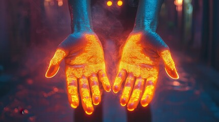 A close-up of two hands emitting a glowing orange light with intricate patterns, set against a smoky background, representing creativity and technology.