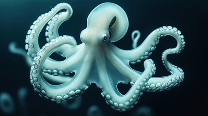 Poster - Close-up image of a white underwater octopus with intricately detailed tentacles and suckers in a dark aquatic environment, showcasing marine life.