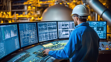 An engineer monitors energy generation data on screens inside a nuclear plant.