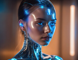 Shining Future: A Portrait of a High-Gloss Female Android with Luminous Highlights