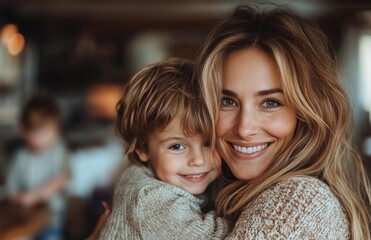 Happy mother and son sharing a warm hug at home