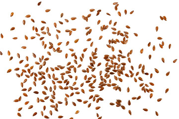 Scattered brown flax seeds isolated on a transparent background. Top view.