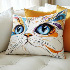 A white sofa covered in cushions with the abstract, stylized face of a cat.