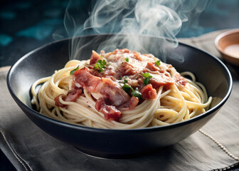 Elegant top view of a bowl of creamy spaghetti carbonara with steam rising