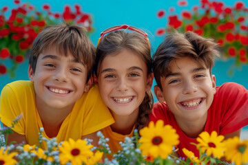 Wall Mural - Three joyful children with smiling faces surrounded by flowers