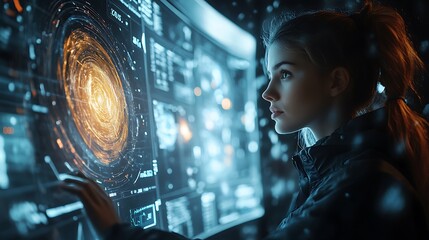Wall Mural - a meteorologist reviewing satellite data with augmented reality displays, 3d models of storm develop