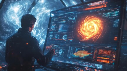 Wall Mural - a meteorologist tracking the development of a storm system on a high-tech workstation, satellite ima