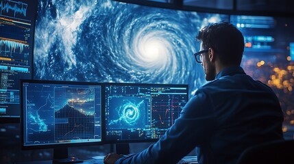 Wall Mural - a meteorologist tracking the development of a storm system on a high-tech workstation, satellite ima