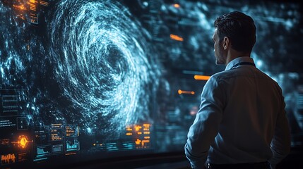 Wall Mural - a meteorologist using advanced 3d weather modeling tools to analyze satellite images of storm system