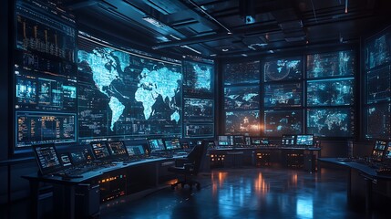 Wall Mural - a modern control room filled with scientists tracking humidity and temperature changes on high-resol