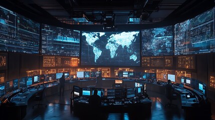 Wall Mural - a modern control room filled with scientists tracking humidity and temperature changes on high-resol