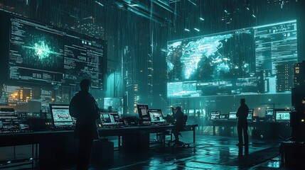 Wall Mural - a modern laboratory environment with meteorological scientists studying precipitation anomalies on i