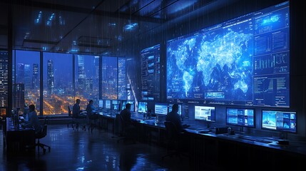 Wall Mural - a modern laboratory filled with hydrometeorologists evaluating complex precipitation data on wall-si
