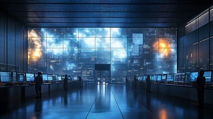 Wall Mural - a modern research center filled with meteorologists studying extreme weather patterns on large led m