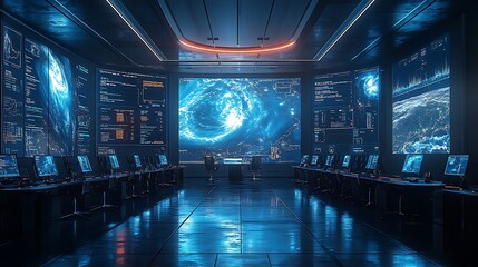 Wall Mural - a professional conference room where meteorologists present weather analytics using satellite snapsh