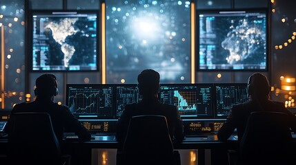 Wall Mural - a team of meteorological experts tracking weather trends using satellite imagery in a modern control