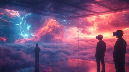 Wall Mural - a team of meteorological experts using vr headsets to analyze cloud formations and track storm inten