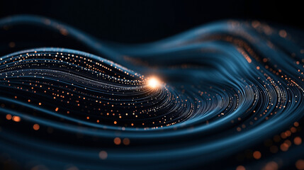 Abstract digital wave pattern with glowing particles on a dark background representing technology and data flow