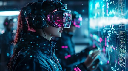 Wall Mural - a team of meteorologists in a tech-centric lab, using vr headsets to track storm intensity and cloud