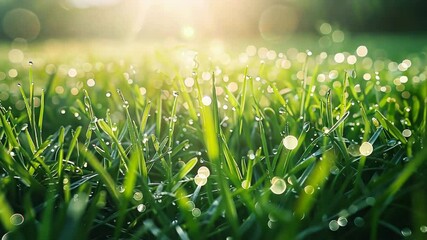 Aufkleber - A field of green grass with dew drops on it.