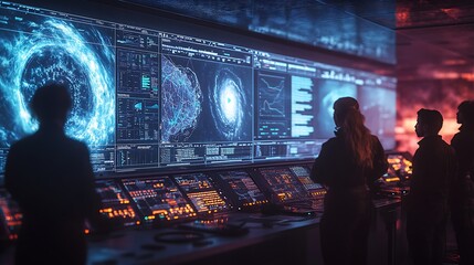 Wall Mural - a team of researchers in a futuristic control room, analyzing extreme weather event patterns display