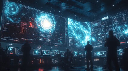 Wall Mural - a team of weather forecasters in a high-tech command center, using predictive modeling tools based o