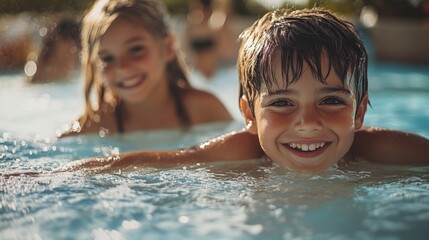 A boy and a girl are smiling and playing in a pool