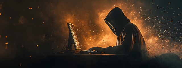 Hacker in a hooded jacket working on a laptop, a data technology concept with a digital background in a dark black color theme