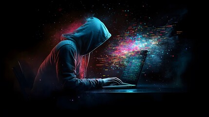 Hacker in a hooded jacket working on a laptop, a data technology concept with a digital background in a dark black color theme