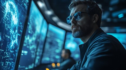 Wall Mural - meteorologists tracking a major weather anomaly in a futuristic control room, 3d digital storm maps 