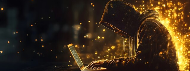 Hacker in a hooded jacket working on a laptop, a data technology concept with a digital background in a dark black color theme