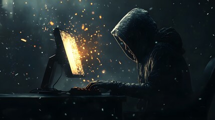 Hacker in a hooded jacket working on a laptop, a data technology concept with a digital background in a dark black color theme