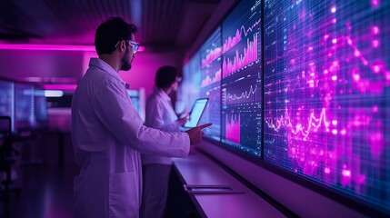 Wall Mural - researchers in a futuristic lab, examining real-time atmospheric pressure data on interactive screen