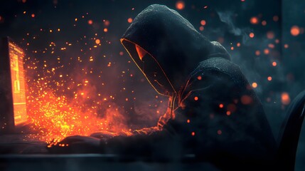 Hacker in a hooded jacket working on a laptop, a data technology concept with a digital background in a dark black color theme